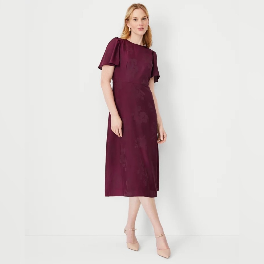 Ann Taylor Floral Jacquard Flutter Sleeve Flare Dress